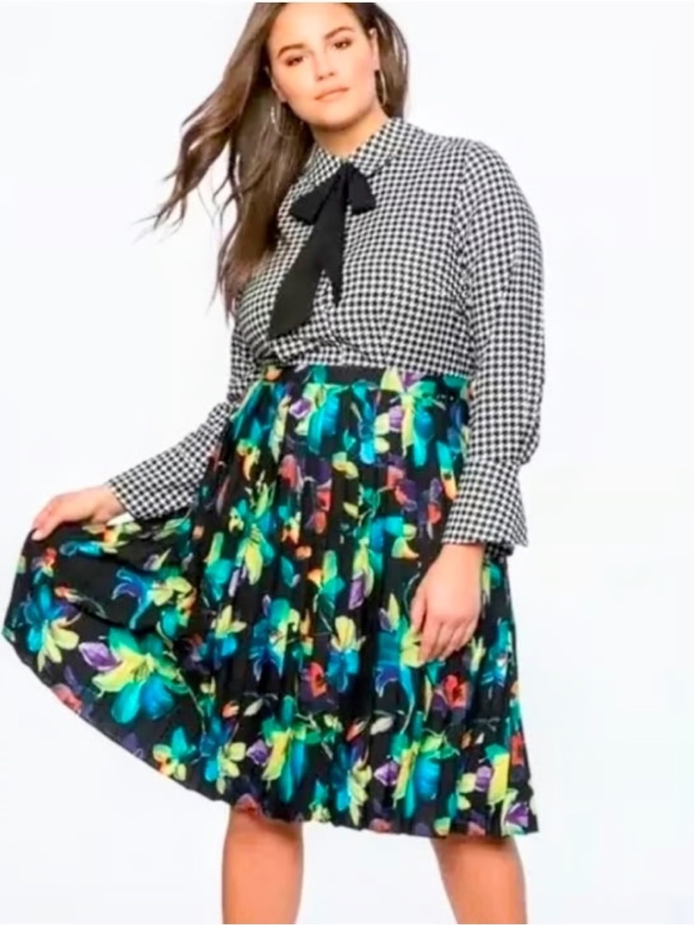 New Eloquii Retro Houndstooth Floral Pleat Midi Dress Size 16 Pockets